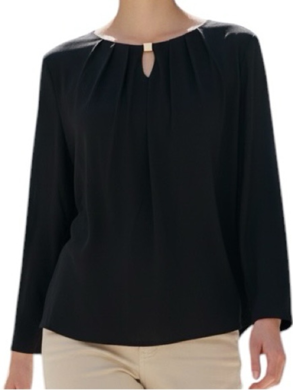 Kasper Black Top Keyhole Pleated 3/4 Sleeve Blouse New